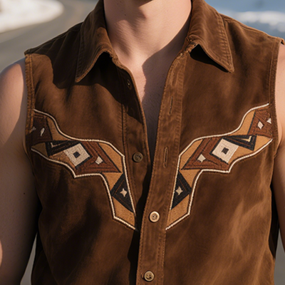 Terence | Men'S Vintage Casual Western Suede Geometric Embroidery Lapel Sleeveless Shirt