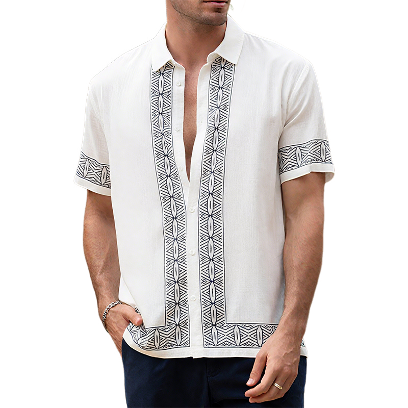 Milton | Men'S Summer Casual Cotton And Linen Printed Lapel Short-Sleeved Shirt
