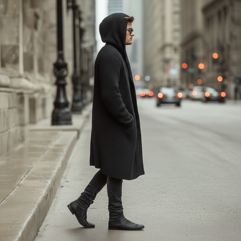 Men's Atmn And Winter Fashion Solid Color Cotnarnnitted Long Hooded Cardigan