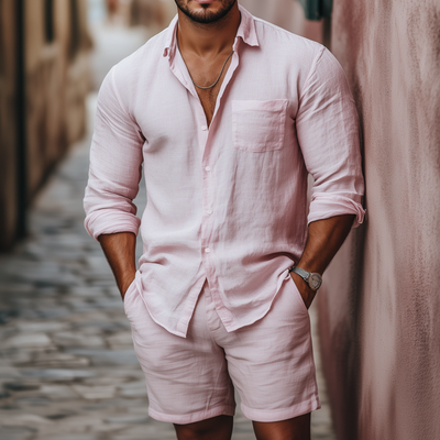 Vic | Men'S Casual Breathable Solid Color Linen Lapel Patch Pocket Long Sleeve Shirt Loose Shorts Set
