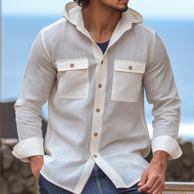 Adam | Men'S Casual Solid Color Breathable Linen Chest Pocket Hooded Loose Long Sleeve Shirt
