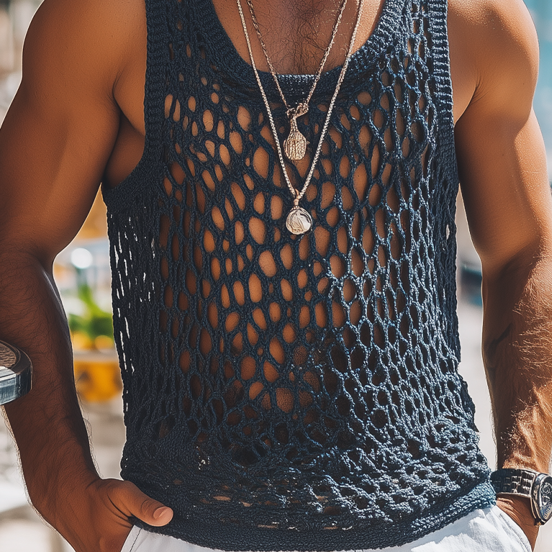 Maurice | Men'S Summer Fashion Casual U-Neck Knitted Crochet Hollow Tank Top