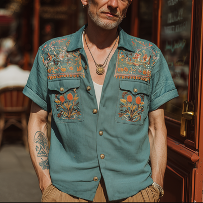 Oscar | Men'S Summer Exquisite Multicolor Embroidered Short Sleeve Shirt