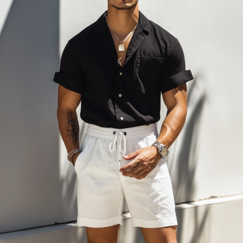 Armando | Men'S Casual Breathable Cotton Linen Slim Fit Cuban Collar Patch Pocket Short Sleeve Shirt Elastic Waist Shorts Set