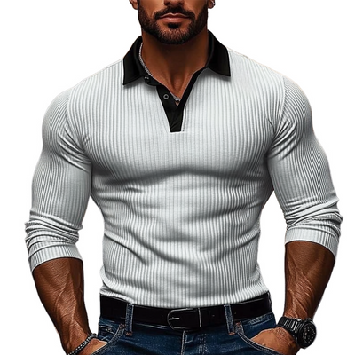 Men'snitted Contrast Striped Long-sleeved POLO Shirt