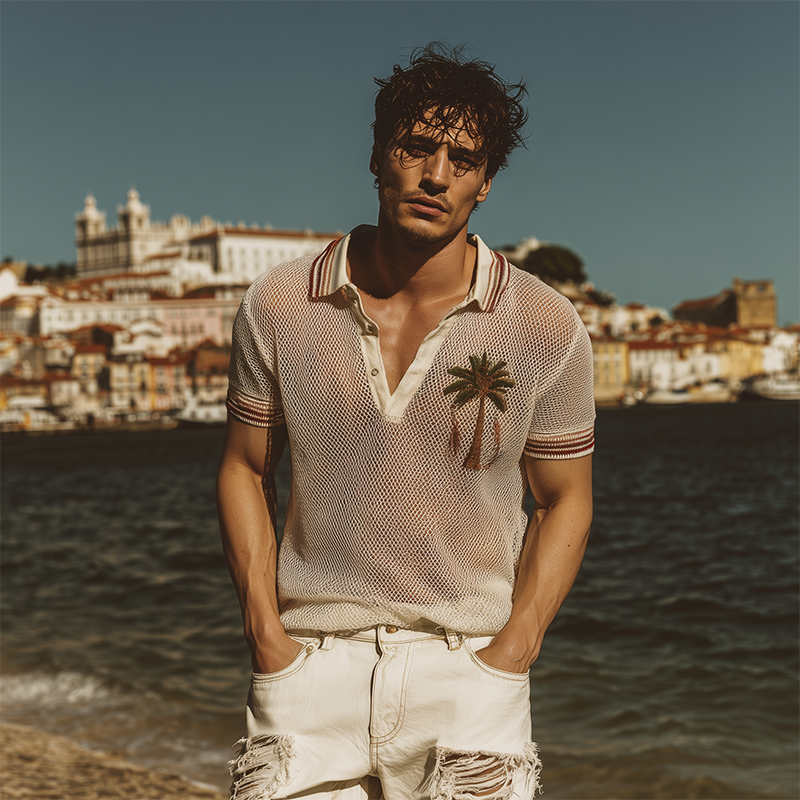 Morris | Men'S Spring And Summer Fashion Casual Mesh Fabric Micro-Transparent Coconut Tree Embroidery Short-Sleeved Polo Shirt