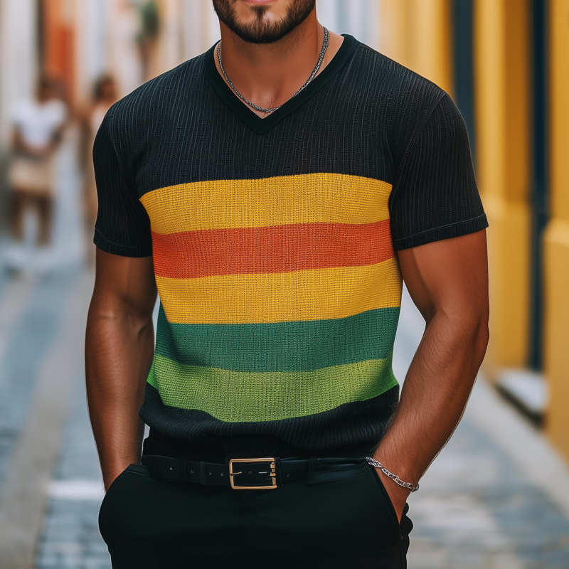 Myles | Men'S Casual Colorful Striped Breathable V-Neck Loose Knitted Short-Sleeved T-Shirt Sweater