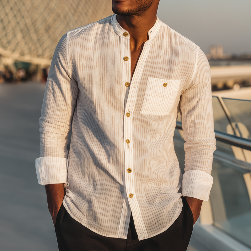 Shane | Men'S Casual Breathable Cotton Striped Stand Collar Patch Pocket Slim Fit Long Sleeve Shirt