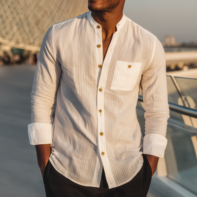 Shane | Men'S Casual Breathable Cotton Striped Stand Collar Patch Pocket Slim Fit Long Sleeve Shirt