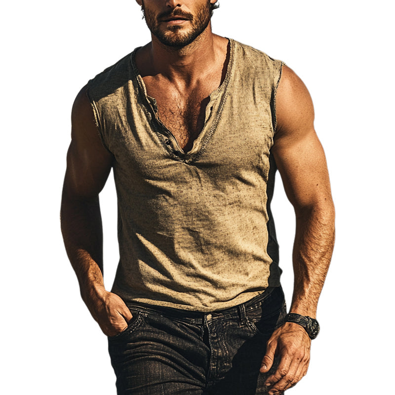 Bruno | Men'S Casual Cotton And Linen Henley Collar Sleeveless T-Shirt