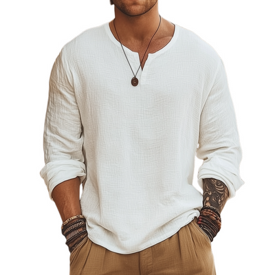 Clifton | Men'S Casual Solid Color Breathable Cotton Bubble Wrinkled V-Neck Loose Long-Sleeved T-Shirt