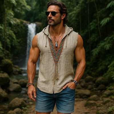 Patrick | Men'S Summer Fashion Embroidered Hooded Slub Linen Tank Top