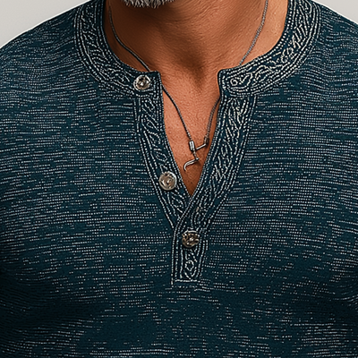 Zane | Men'S Summer Fashion Retro Printed Polyester Blended Short Sleeve Henley Shirt