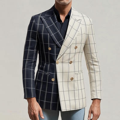 Joshua | Men'S Stylish Colorblock Cotton Blend Plaid Peaked Lapel Double-Breasted Slim-Fit Blazer