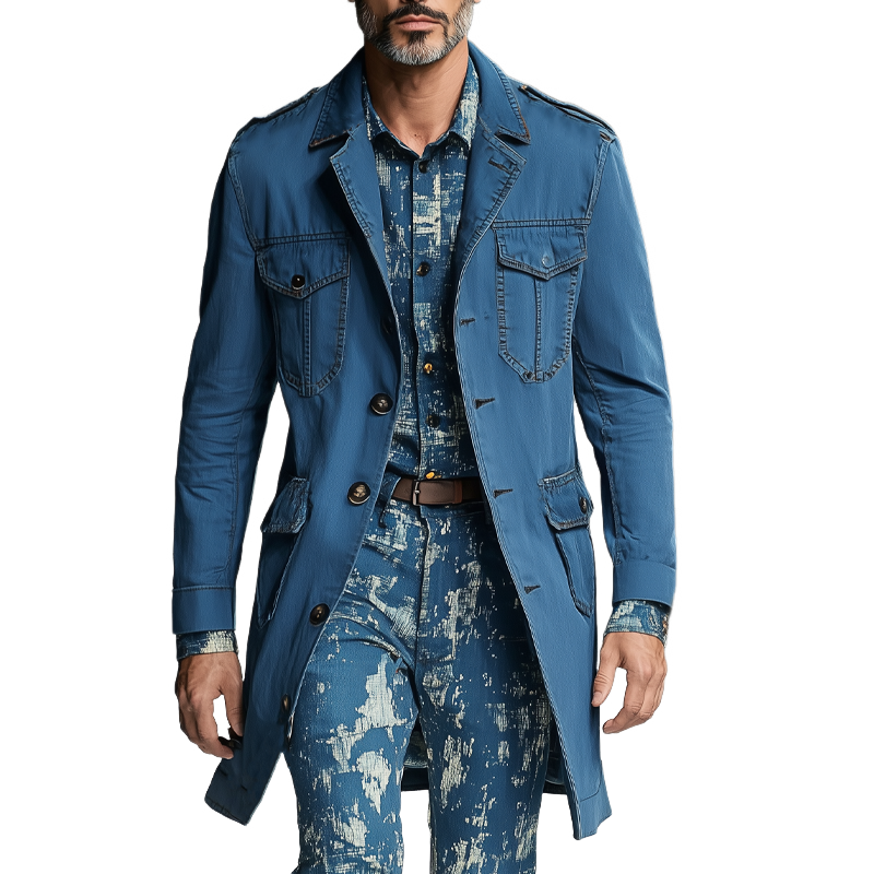 Harvey | Men'S Vintage Washed Navy Style Mid-Length Denim Trench Coat