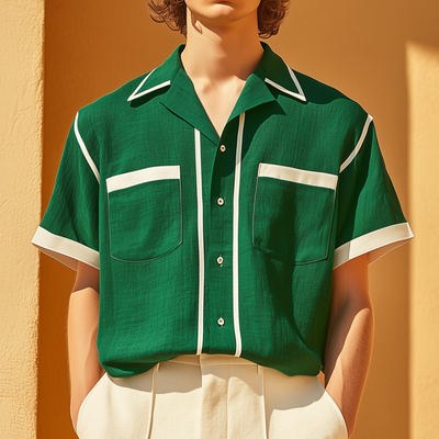 Mitchell | Men'S Casual Breathable Linen Contrast Patchwork Lapel Patch Pocket Loose Short-Sleeved Shirt