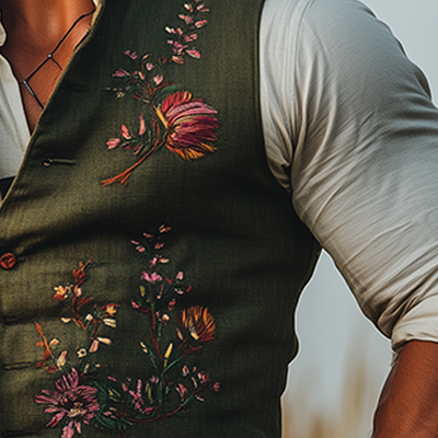 Larry | Men'S Summer Fashion Embroidered Slub Linen Sleeveless Vest