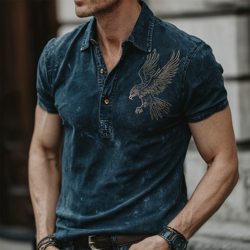 Brandon | Men'S Bald Eagle Embroidered Short Sleeve Denim Polo Shirt