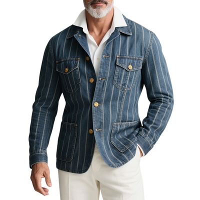 Thomas | Men'S Striped Denim Lapel Multi-Pocket Single Breasted Jacket