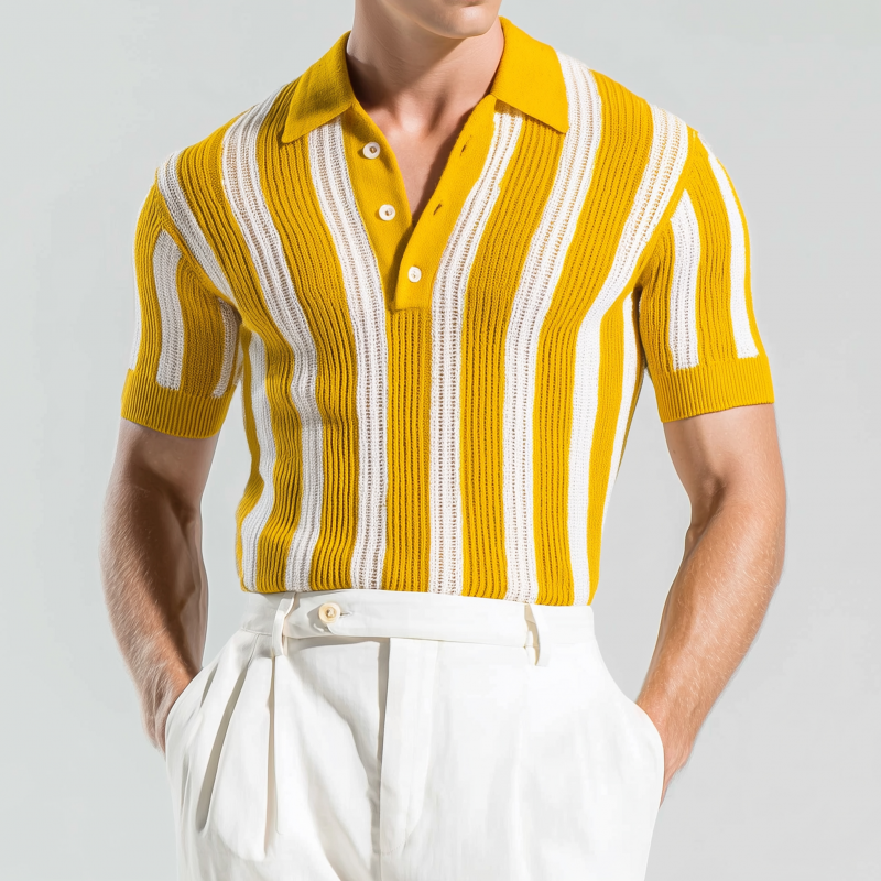 Julio | Men'S Casual Breathable Contrast Color Vertical Stripes Lapel Slim Fit Knitted Short-Sleeved Polo Shirt