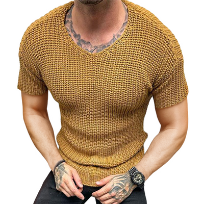 James | Men'S Retro Casual Solid Color V-Neck Knitted Short Sleeve T-Shirt