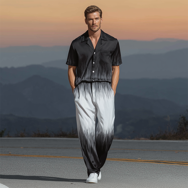 Wiley | Men'S Spring And Summer Fashion Casual Black And White Gradient Printed Satin Short Sleeve Shirt Pants Set