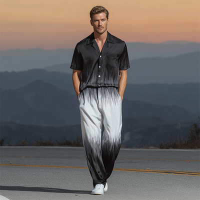 Wiley | Men'S Spring And Summer Fashion Casual Black And White Gradient Printed Satin Short Sleeve Shirt Pants Set