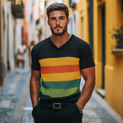 Myles | Men'S Casual Colorful Striped Breathable V-Neck Loose Knitted Short-Sleeved T-Shirt Sweater