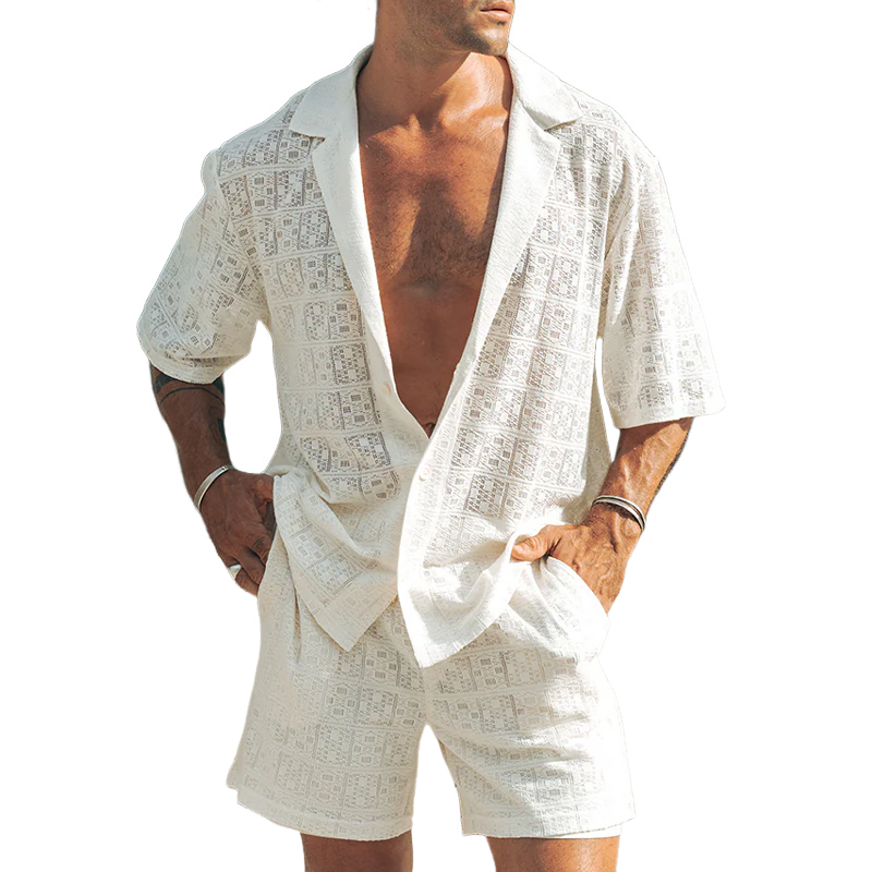 Clark | Men'S Spring And Summer Fashion Casual Lace Sexy Micro-Transparent Short-Sleeved Shirt Shorts Set