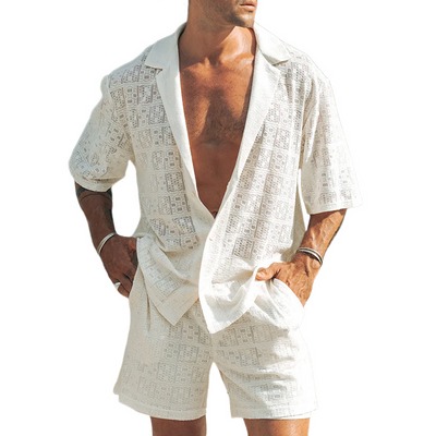 Clark | Men'S Spring And Summer Fashion Casual Lace Sexy Micro-Transparent Short-Sleeved Shirt Shorts Set