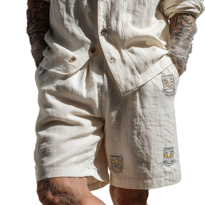 Nelson | Men'S Summer Fashion Cat Embroidery Slub Cotton Casual Shorts