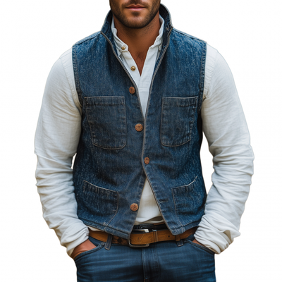 Ivan | Men'S Vintage Washed Stand Collar Single Breasted Multi-Pocket Slim Fit Denim Vest