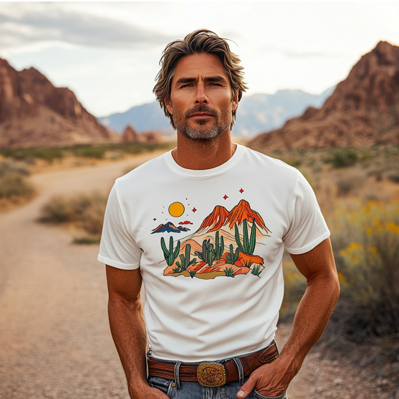 Owen | Men'S Western Cowboy Desert Printed Round Neck Short Sleeve T-Shirt