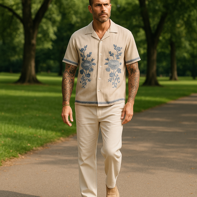 Scott | Men'S Summer Casual Linen Embroidered Short Sleeve Shirt