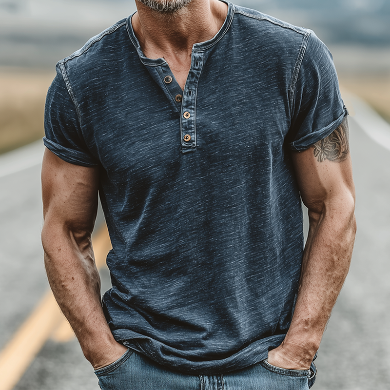 Max | Men'S Summer Casual Cotton Blend Washed Distressed Collar Stitching Denim Henry Collar Short-Sleeved T-Shirt