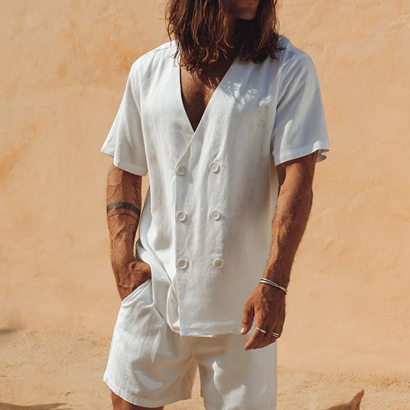 Arturo | Men'S Spring And Summer Fashion Casual Chiffon V-Neck Double-Breasted Short-Sleeved Shirt