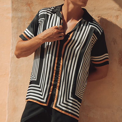Christian | Men'S Retro Casual Contrast Stripe Printed Satin Short Sleeve Shirt