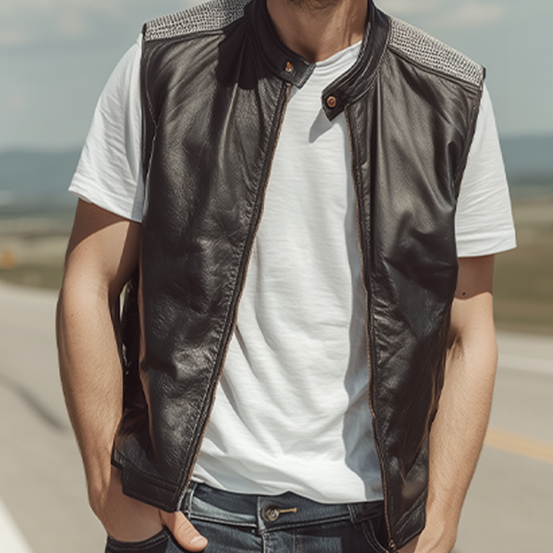 Daryl | Men'S Spring And Summer Fashion Casual Shoulder Splicing Mesh Fabric Stand Collar Zipper Leather Vest