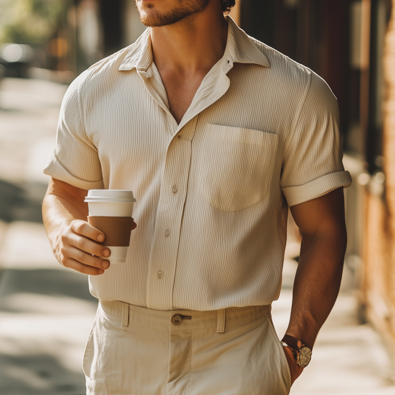 Edward | Men'S Casual Cotton Blended Stripe Lapel Patch Pocket Loose Short Sleeve Shirt