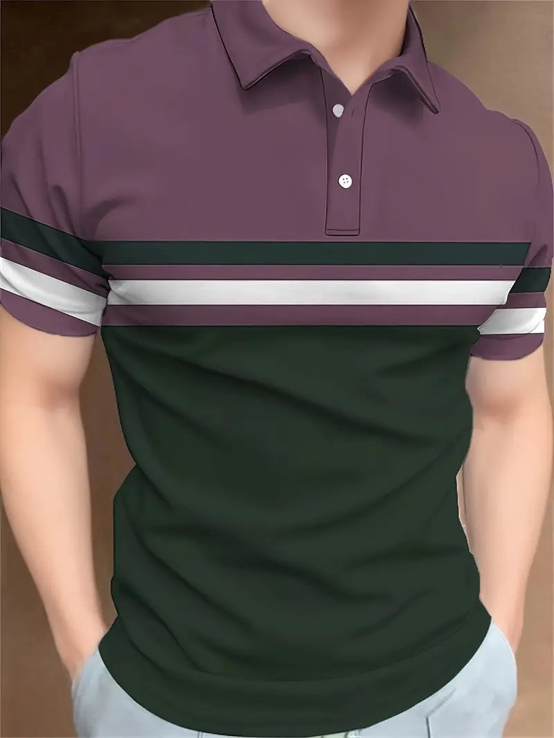 Lysandra® | Trendy Color Block Short Sleeve Shirt With A Striped Pattern