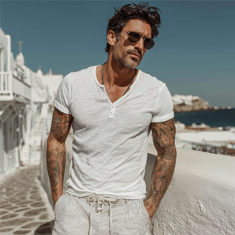 Edward | Men'S Solid Color Knitted Striped Textured Henley Collar Short-Sleeved T-Shirt