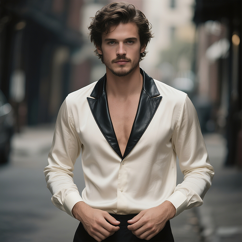 Curtis | Men'S Satin Casual Vintage Stitching Leather Lapel Long Sleeve Shirt