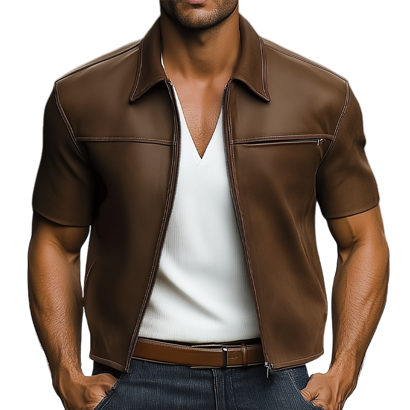Bruno | Men'S Summer Light Leather Zip-Up Short Sleeve Shirt