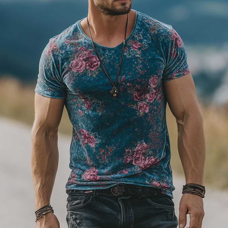 Harold | Men'S Retro Casual Rose Print Velvet Round Neck Short Sleeve T-Shirt