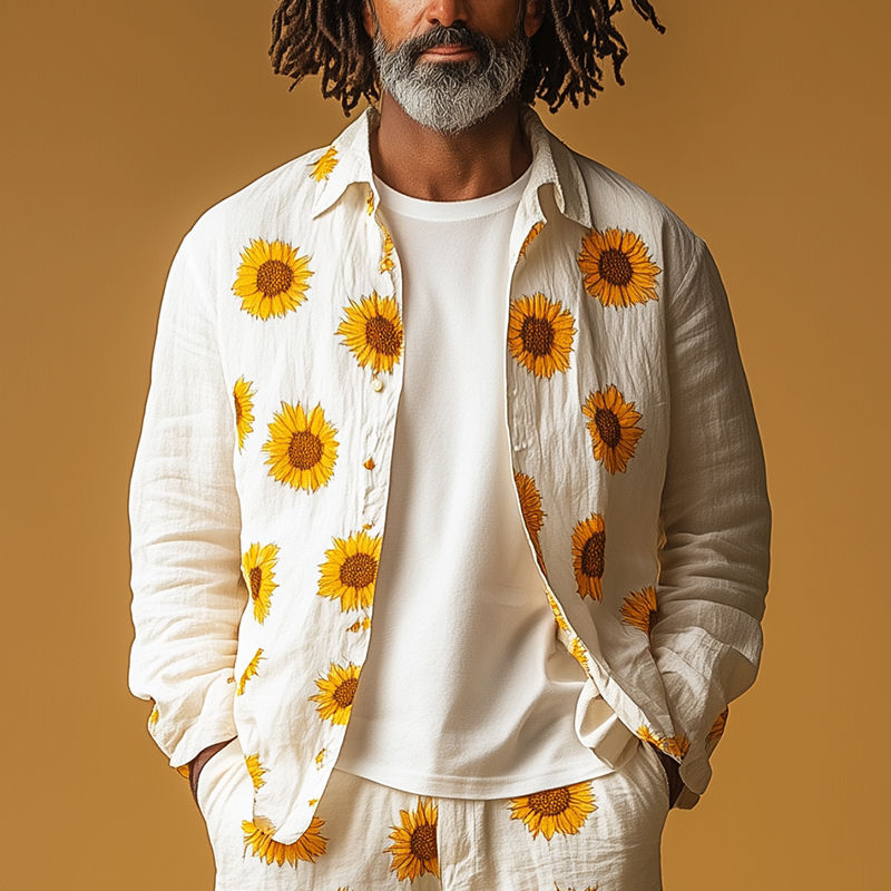 Augusto | Men'S Summer Fashion Sunflower Print Cotton And Linen Long Sleeve Shirt