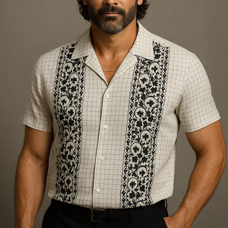 Ross | Men'S Summer Fashion Embroidered Check Linen Short Sleeve Shirt