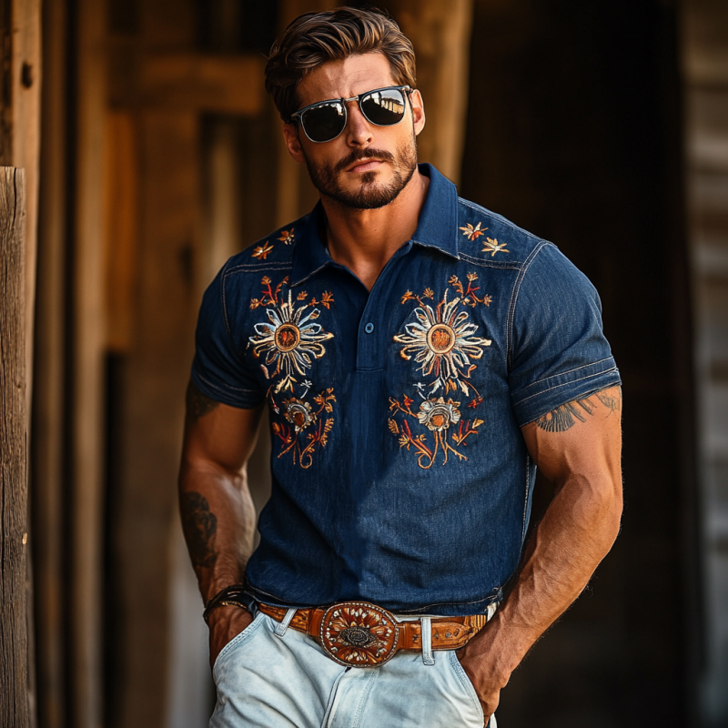 Pat | Men'S Western Style Embroidered Denim Short Sleeve Polo Shirt