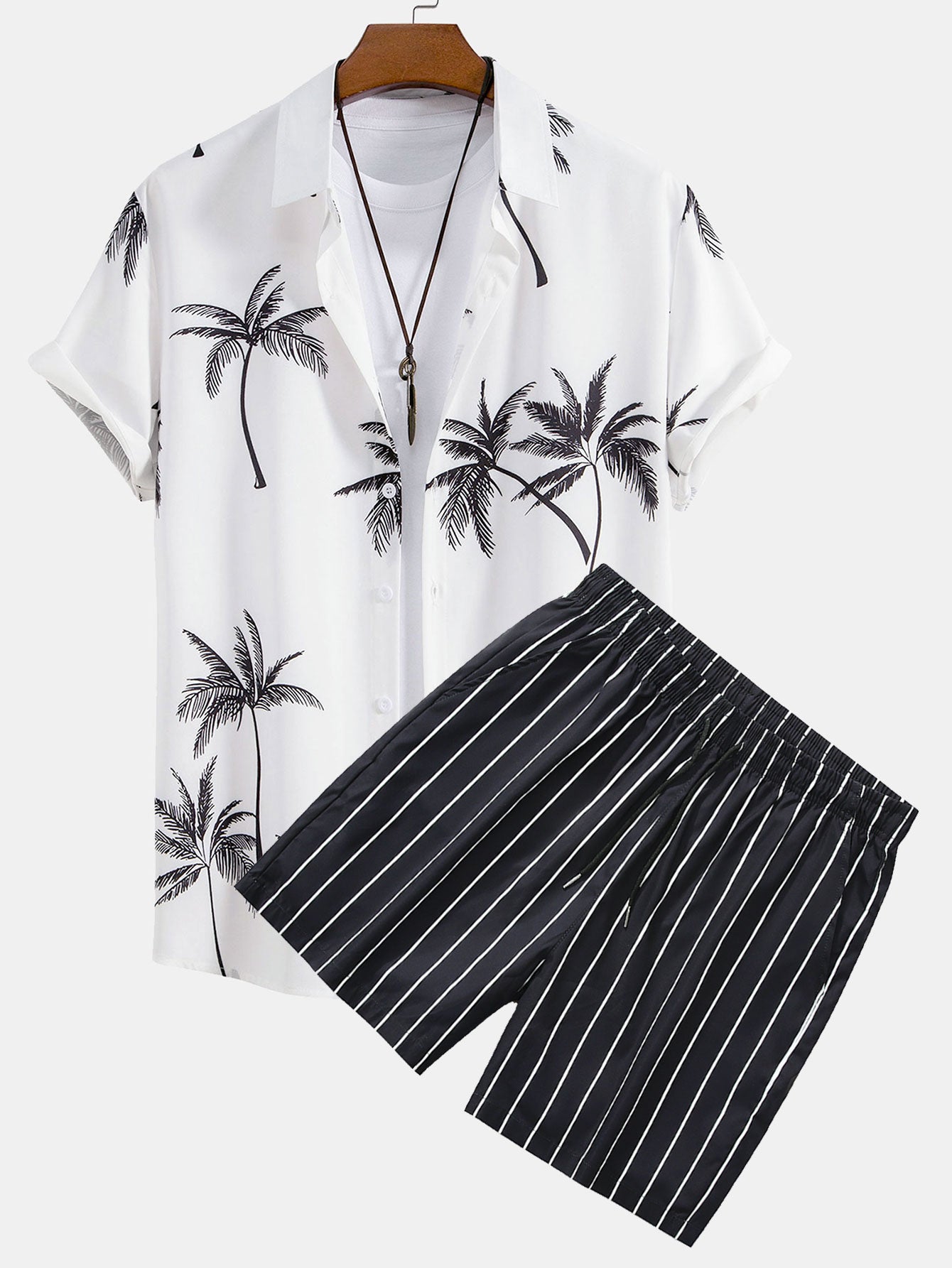 Gelasio® | Palm Tree Print Button Up Shirt & Striped Swim Shorts