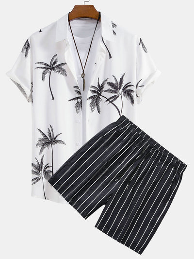 Gelasio® | Palm Tree Print Button Up Shirt & Striped Swim Shorts