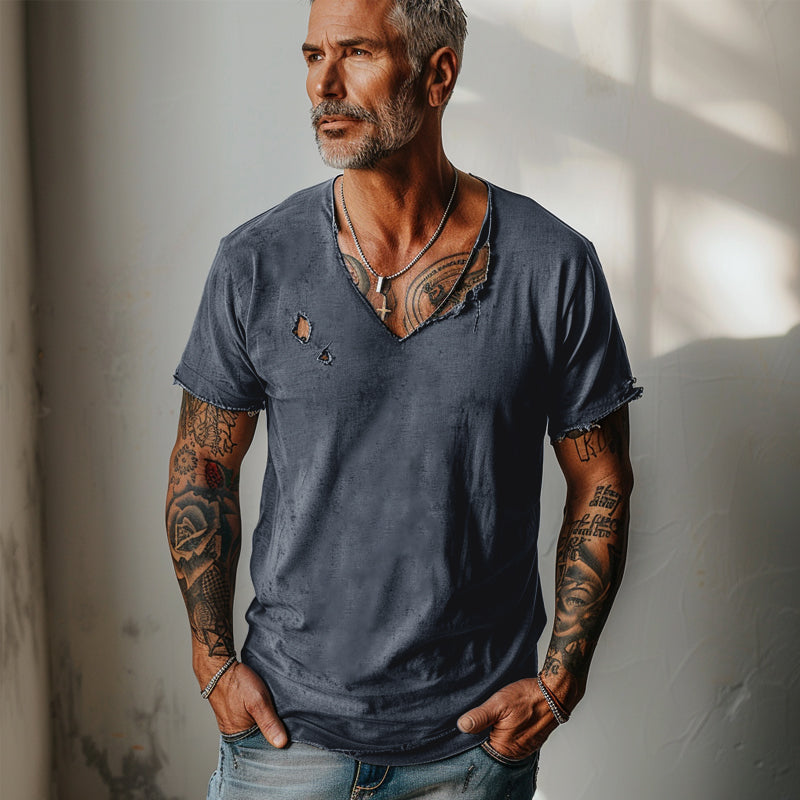 Men's Distressed Ripped Raw Edge V-Neck Short-Sleeved T-Shirt